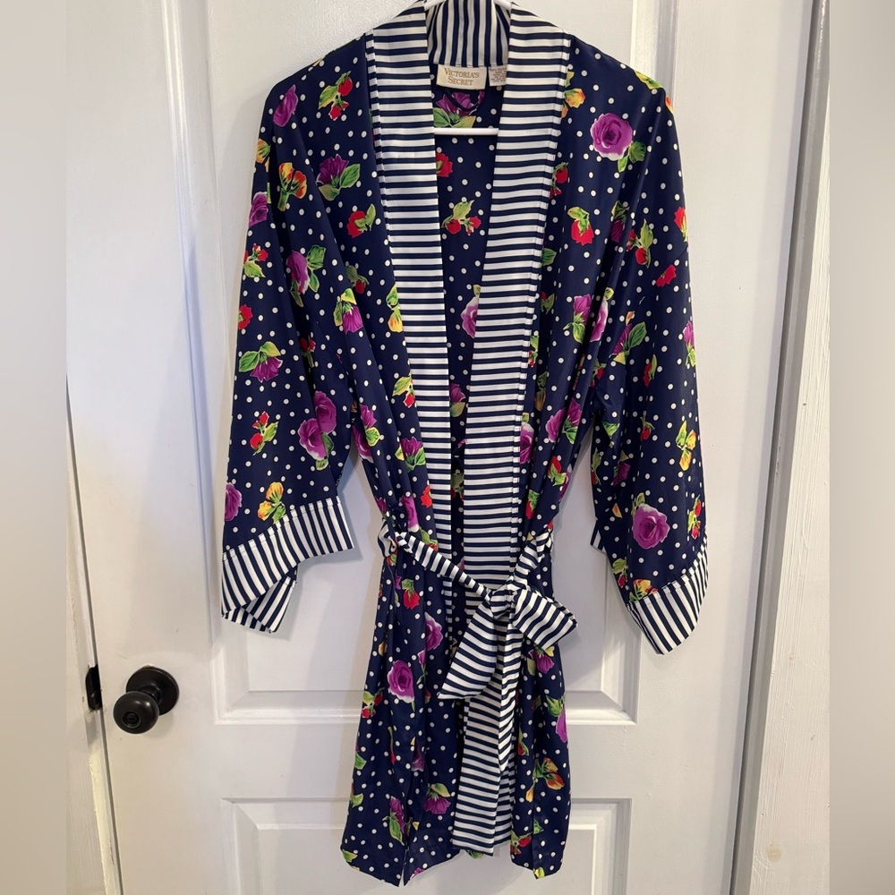 Victoria’s Secret Vintage Gold Label 90s Satin Kimono Robe Navy Stripe Floral